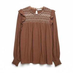 Perch by Blu Pepper 1X Embroidered Boho Peasant Top Brown Flutter Sleeve Blouse